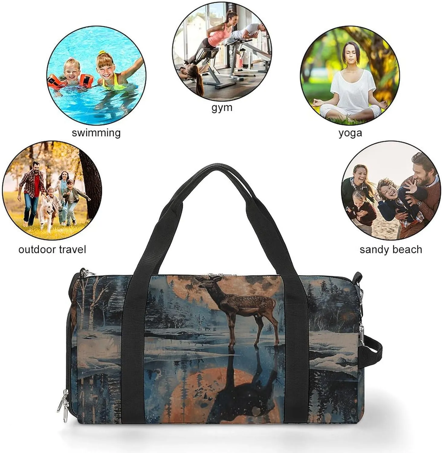 Gym Bags for Men Women Deer And Moon Duffle Bag Travel Overnight Bag with Shoe Compartment Tote Bags