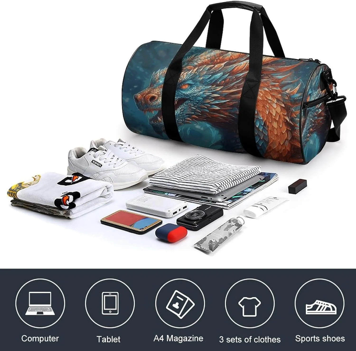 Gym Bags for Men Women Dragon Art Duffle Bag Travel Overnight Bag with Shoe Compartment Tote Bags
