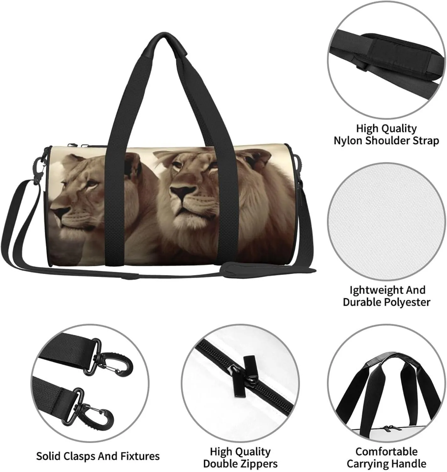 Gym Bags Small African Lion and Lioness Duffel Bag Overnight Bag with Shoe Compartment Carryon Bag for Men Women