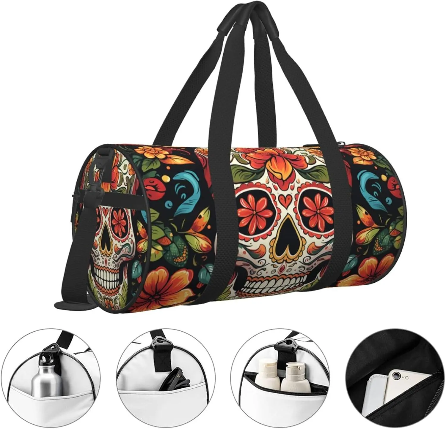 Gym Bags Small Colorful Sugar Skull Duffel Bag Overnight Bag with Shoe Compartment Carryon Bag for Men Women
