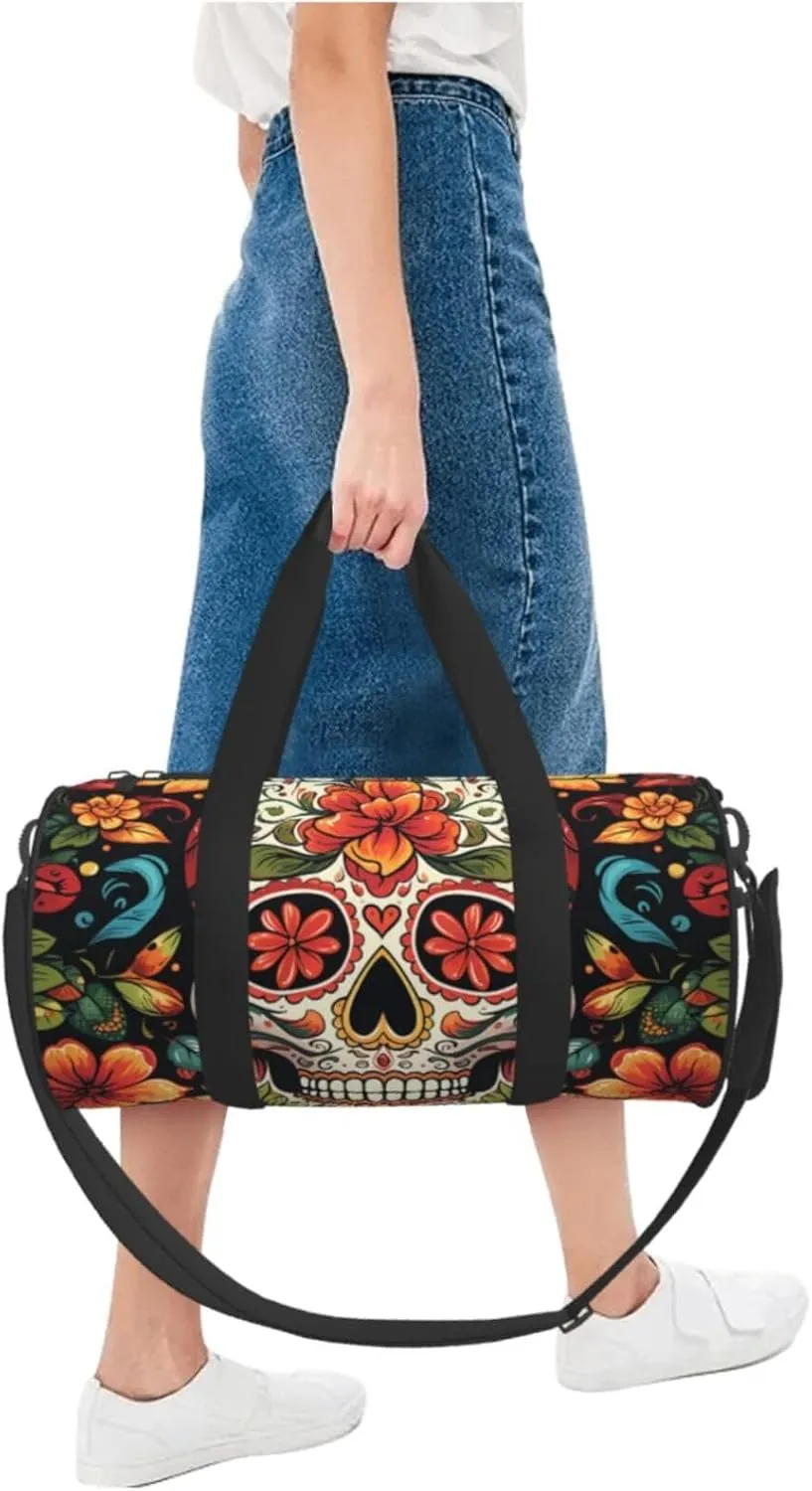 Gym Bags Small Colorful Sugar Skull Duffel Bag Overnight Bag with Shoe Compartment Carryon Bag for Men Women