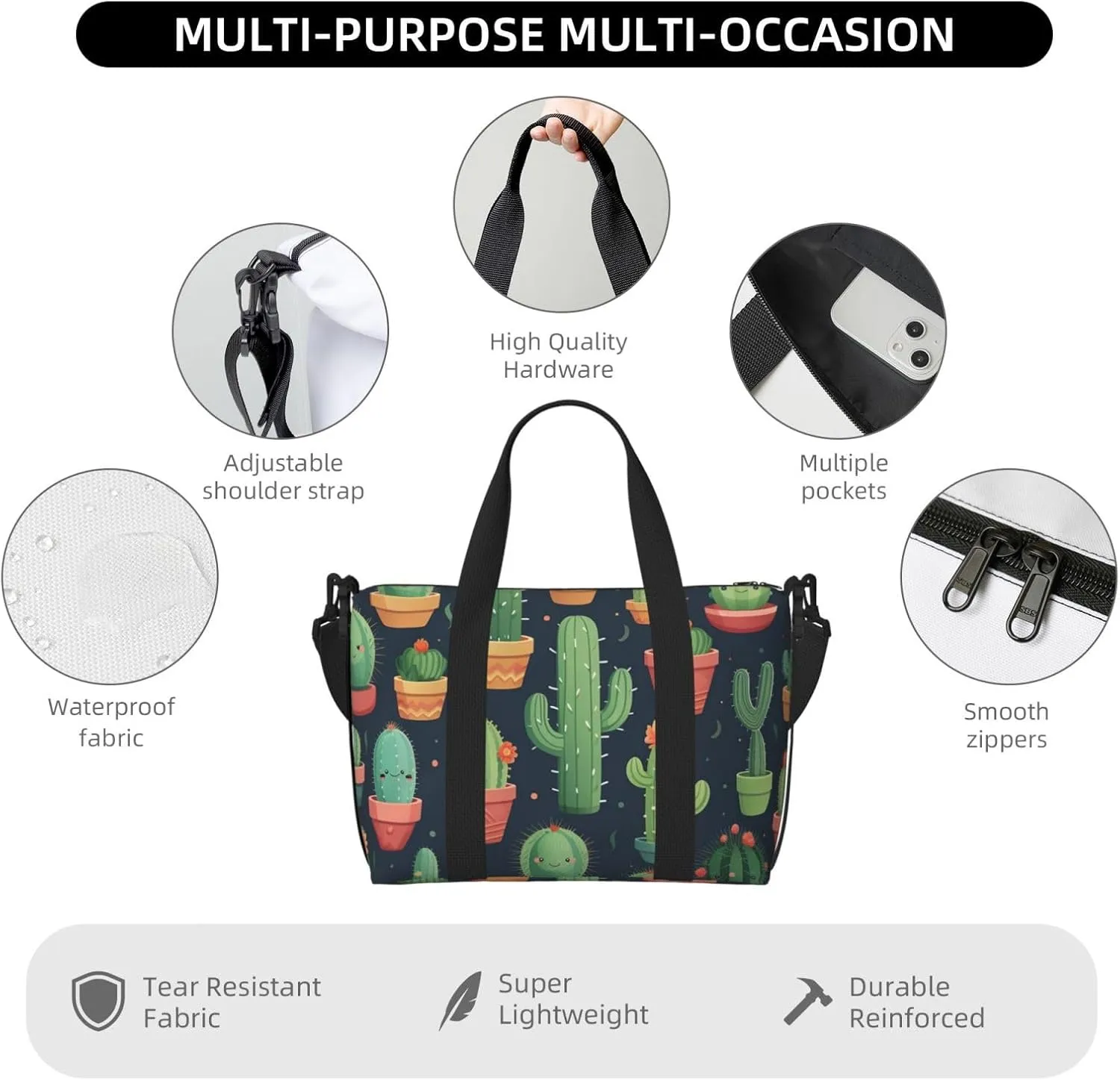 Gym Bags Small Cute Cactus Seamless Illustration Duffel Bag Overnight Bag with Shoe Compartment Carryon Bag for Men Women