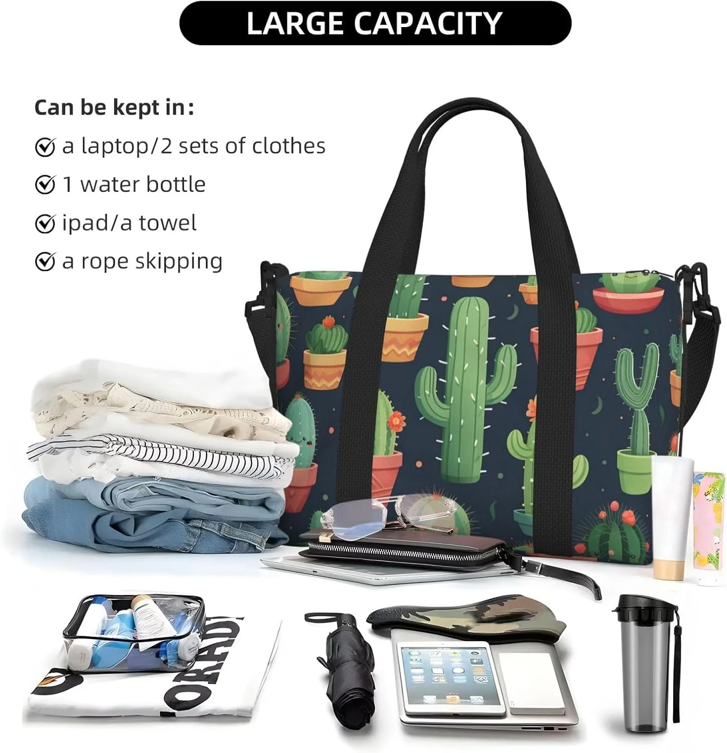 Gym Bags Small Cute Cactus Seamless Illustration Duffel Bag Overnight Bag with Shoe Compartment Carryon Bag for Men Women