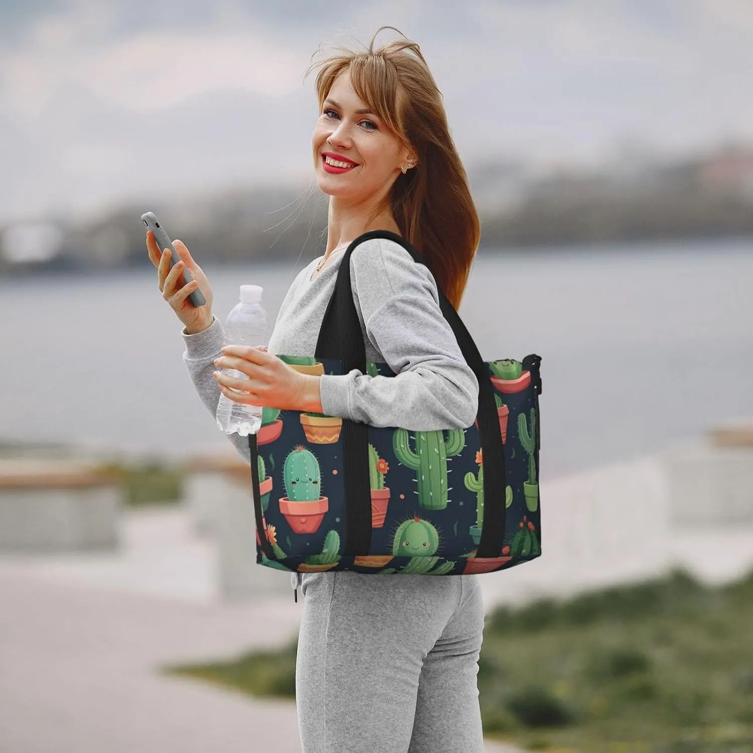 Gym Bags Small Cute Cactus Seamless Illustration Duffel Bag Overnight Bag with Shoe Compartment Carryon Bag for Men Women