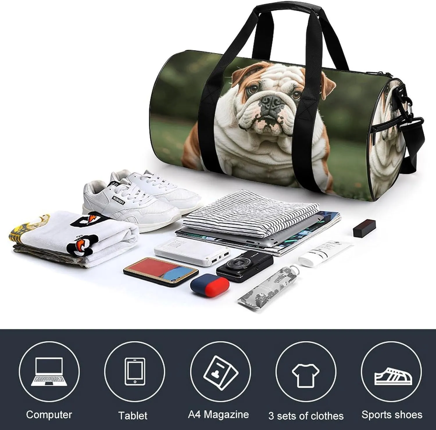 Gym Bags Small Cute English Bulldog Duffel Bag Overnight Bag with Shoe Compartment Carryon Bag for Men Women