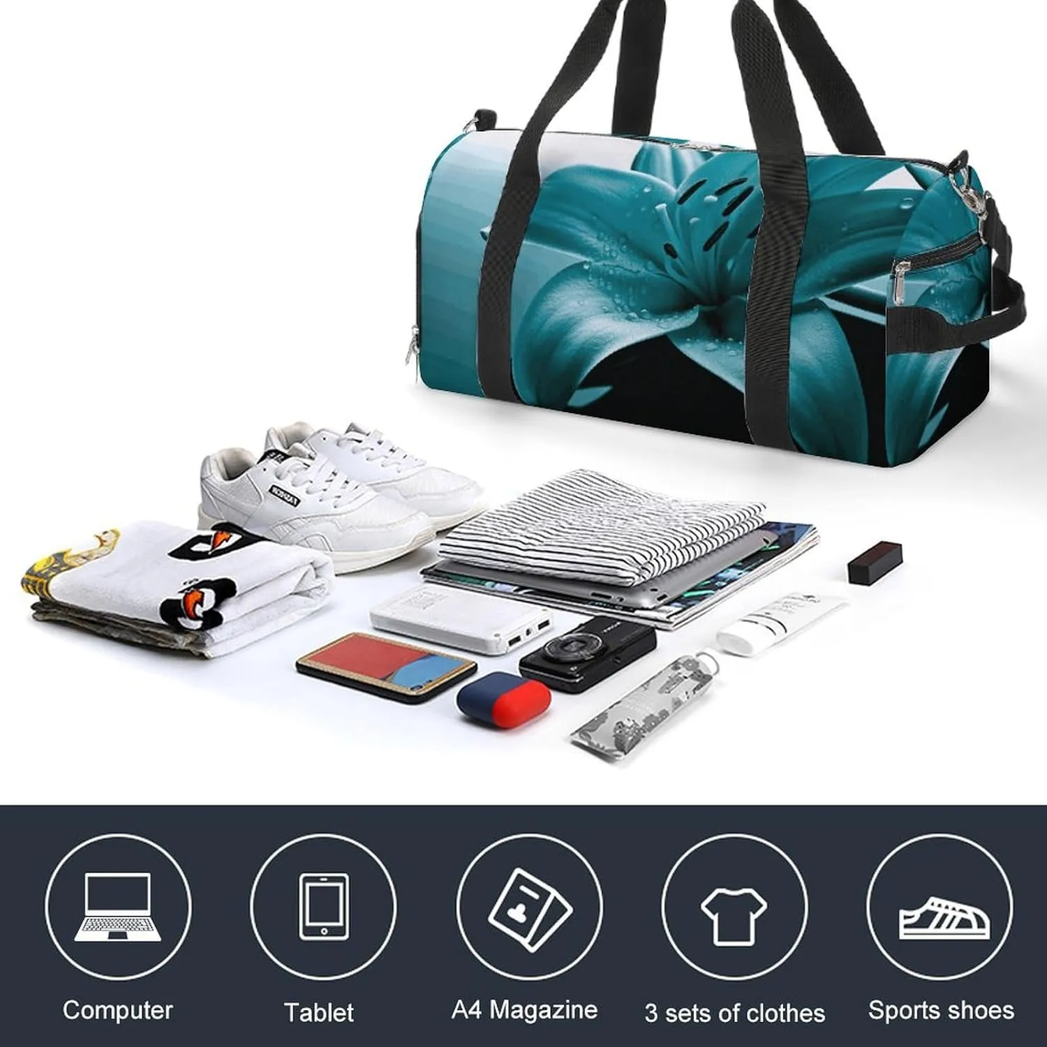 Gym Bags Small Teal Lily Duffel Bag Overnight Bag with Shoe Compartment Carryon Bag for Men Women