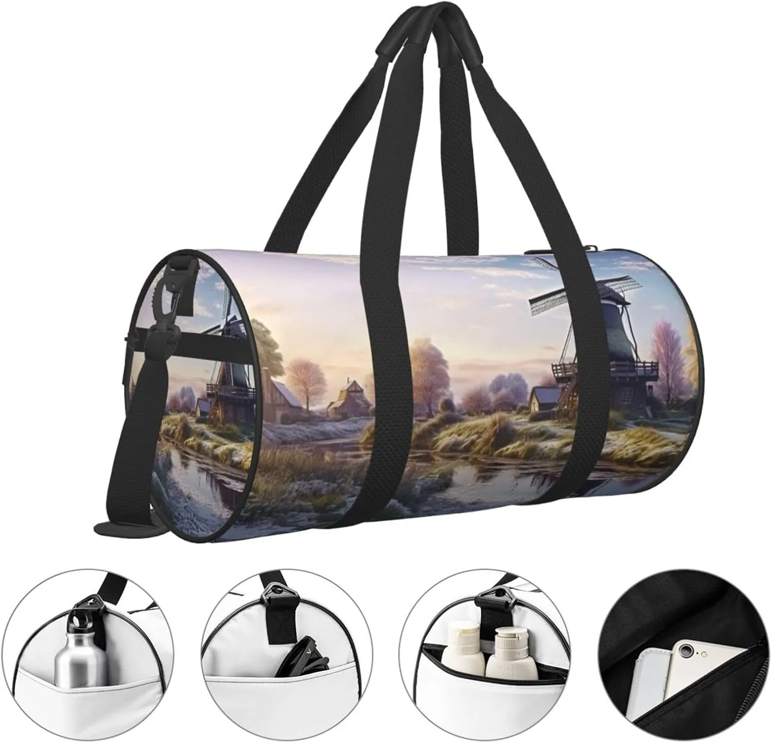 Gym Bags Small Windmill Landscape Duffel Bag Overnight Bag with Shoe Compartment Carryon Bag for Men Women