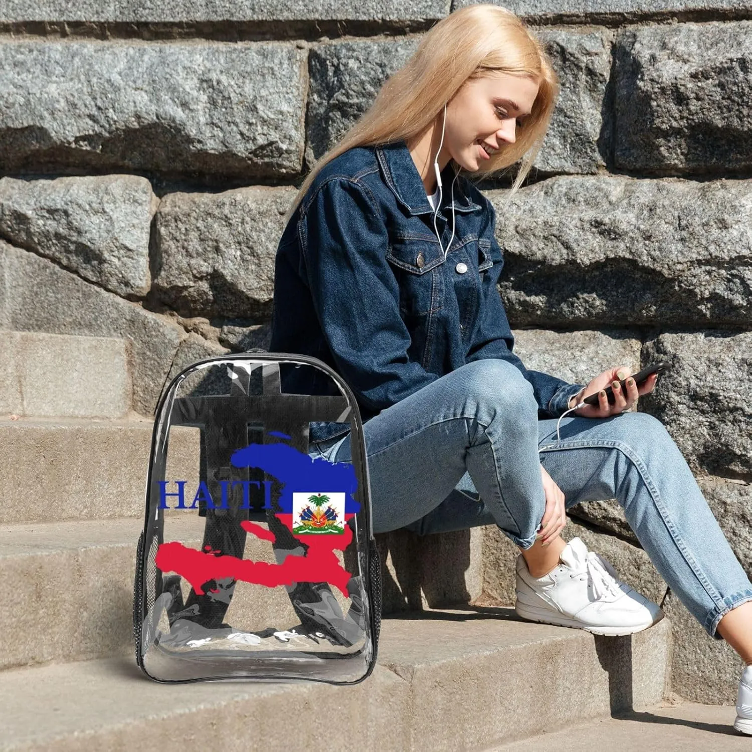 Haiti Map Flag 16 Inch Clear PVC Backpacks Transparent Backpack Multipurpose Double Shoulder Bag for Men Women Gifts