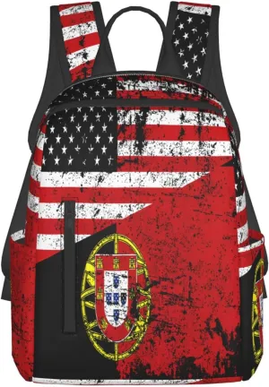 Half American Half Portugal Flag Casual Laptop Backpack Travel Rucksack Sports Daypack Adjustable Strap Bags with Multi-Pockets for Working Running Camping