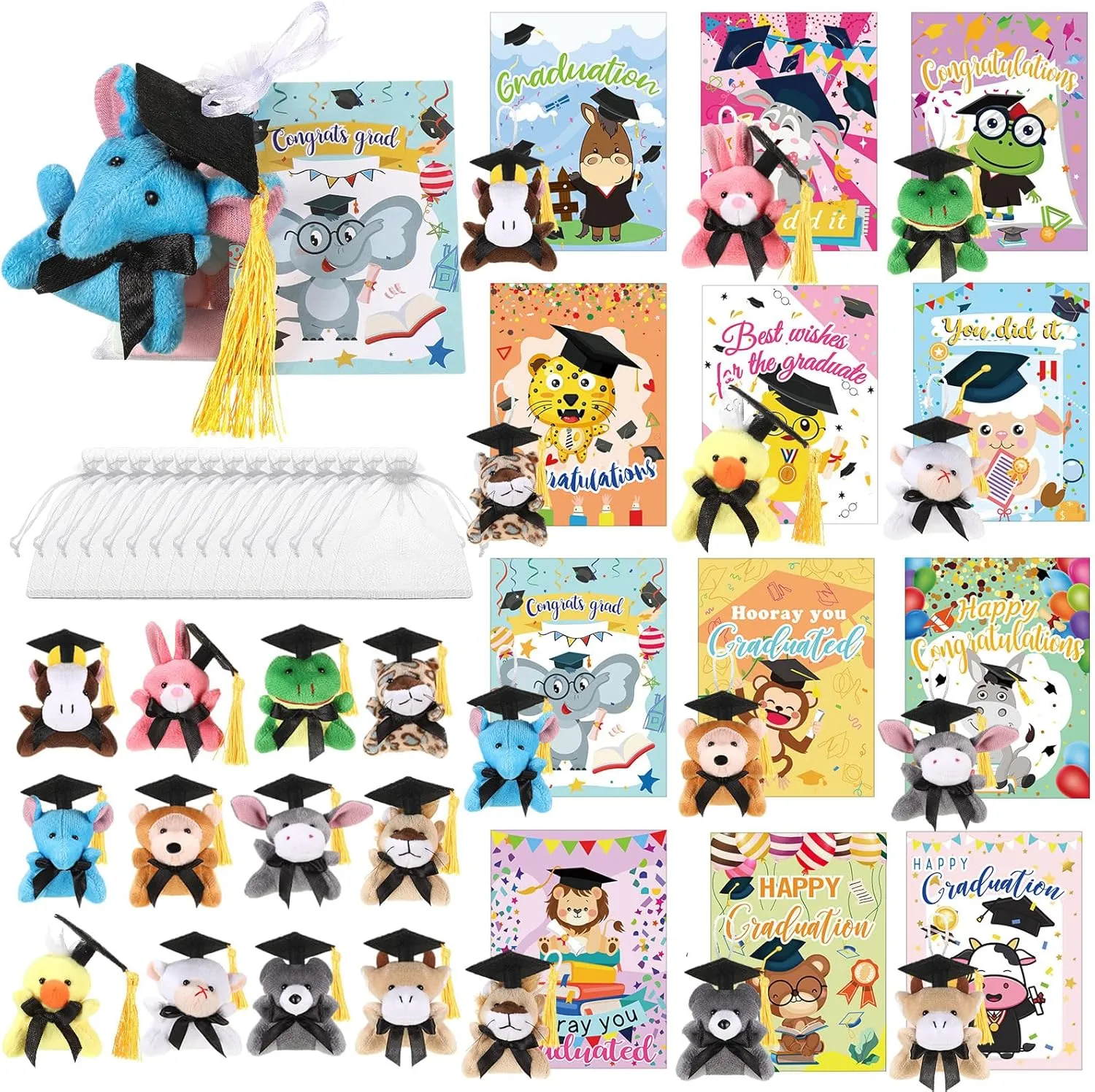 Hanaive 30 Sets Graduation Stuffed Animal Bulk Mini Animal with Grad Cap Card Bag Small Plush for Kindergartner College Gifts