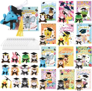 Hanaive 30 Sets Graduation Stuffed Animal Bulk Mini Animal with Grad Cap Card Bag Small Plush for Kindergartner College Gifts