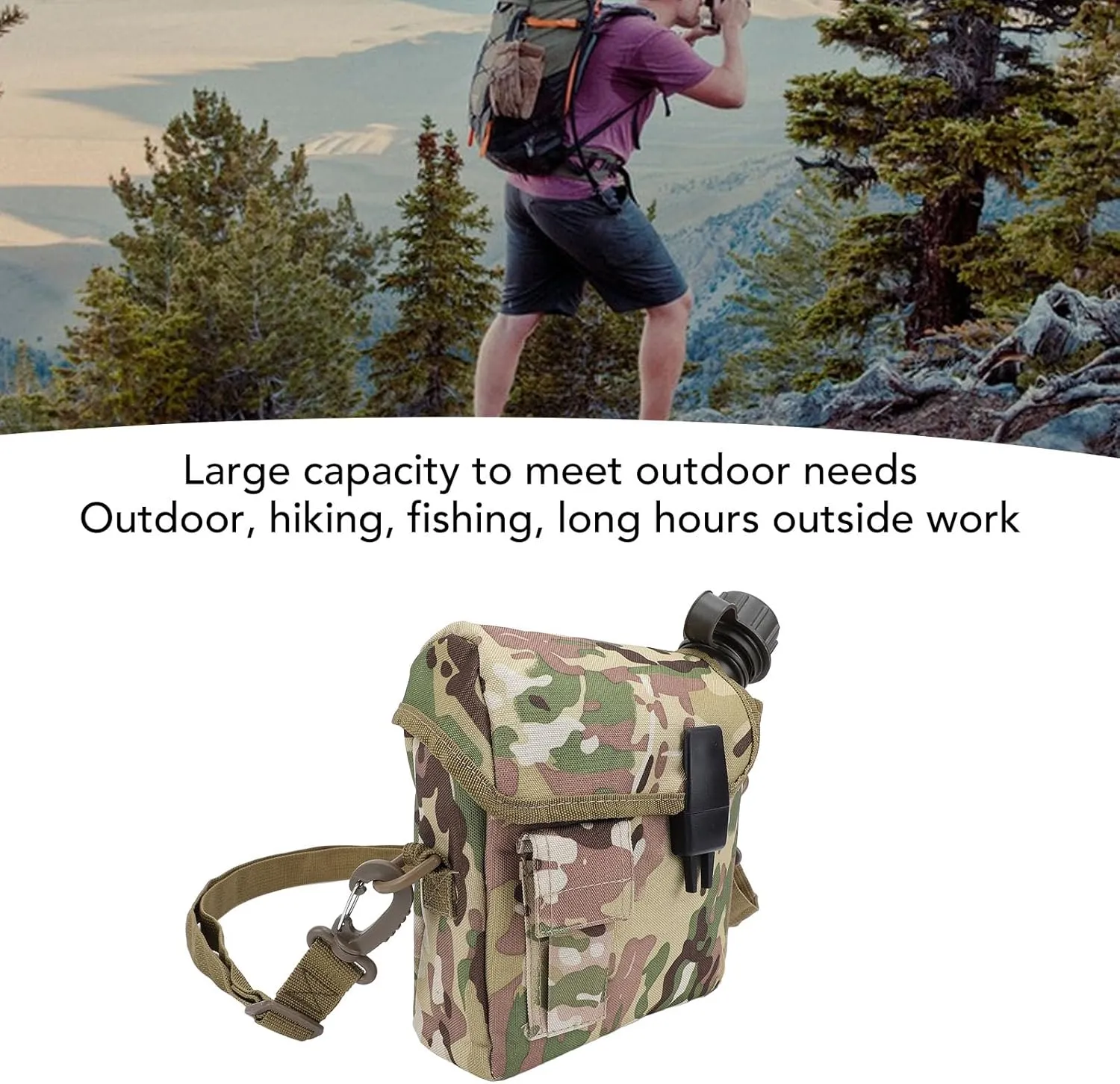 Hand Carry Camping Water Bottle 1.5L Large Capacity Portable Flat Adjustable Strap Water Container Kit with Waist Bag for Outdoor Sports Hiking (cp)