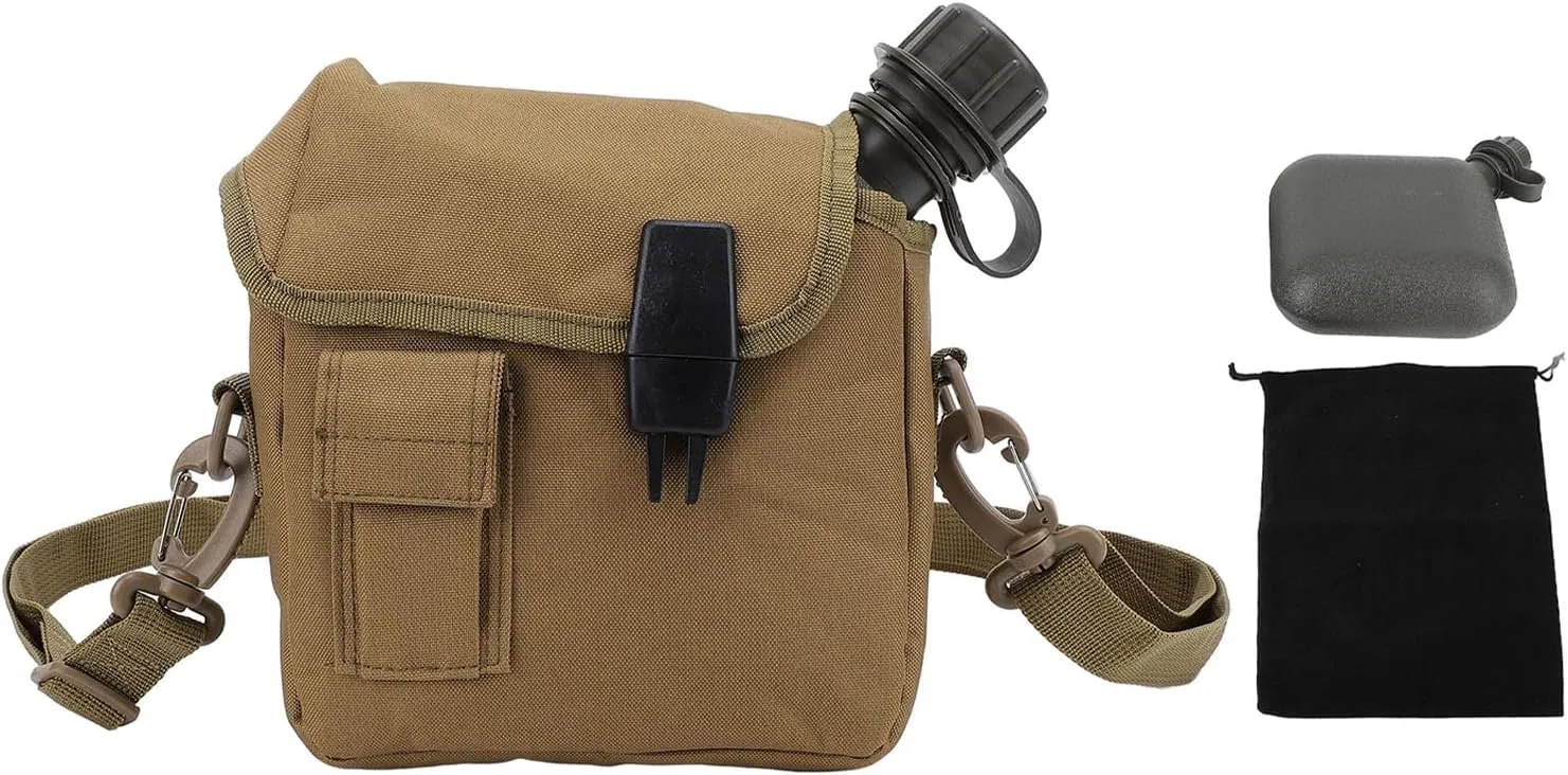Hand Carry Camping Water Bottle 1.5L Large Capacity Portable Flat Adjustable Strap Water Container Kit with Waist Bag for Outdoor Sports Hiking (Khaki)