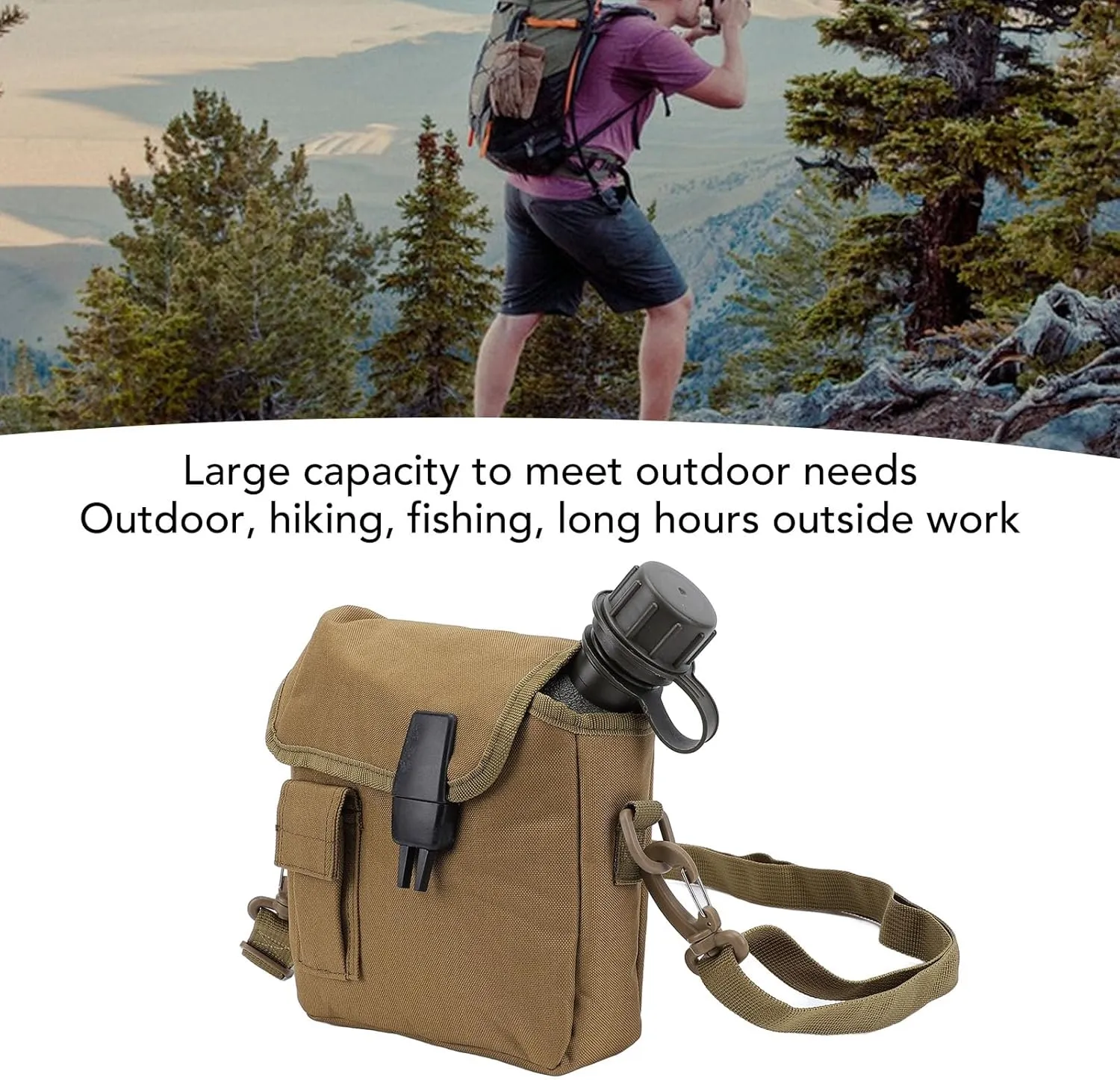 Hand Carry Camping Water Bottle 1.5L Large Capacity Portable Flat Adjustable Strap Water Container Kit with Waist Bag for Outdoor Sports Hiking (Khaki)