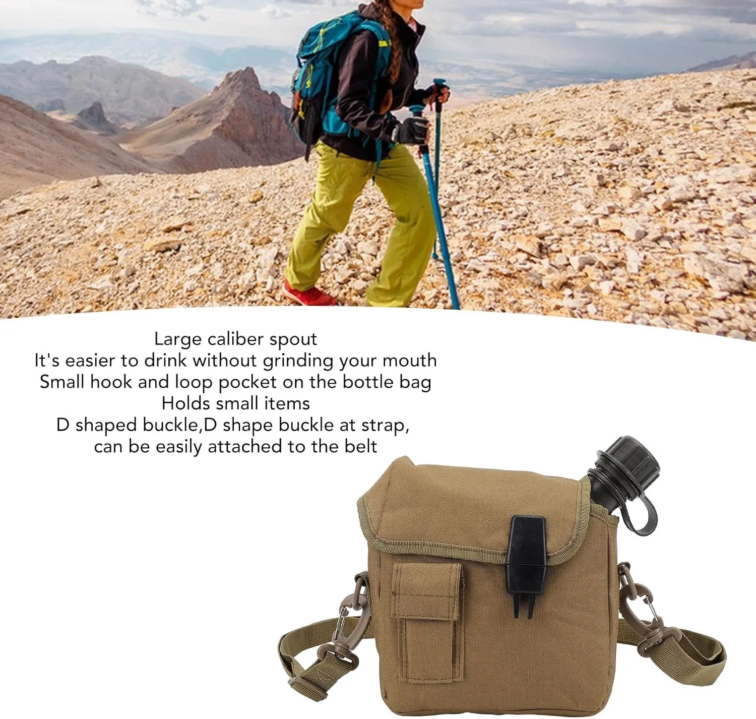Hand Carry Camping Water Bottle 1.5L Large Capacity Portable Flat Adjustable Strap Water Container Kit with Waist Bag for Outdoor Sports Hiking (Khaki)