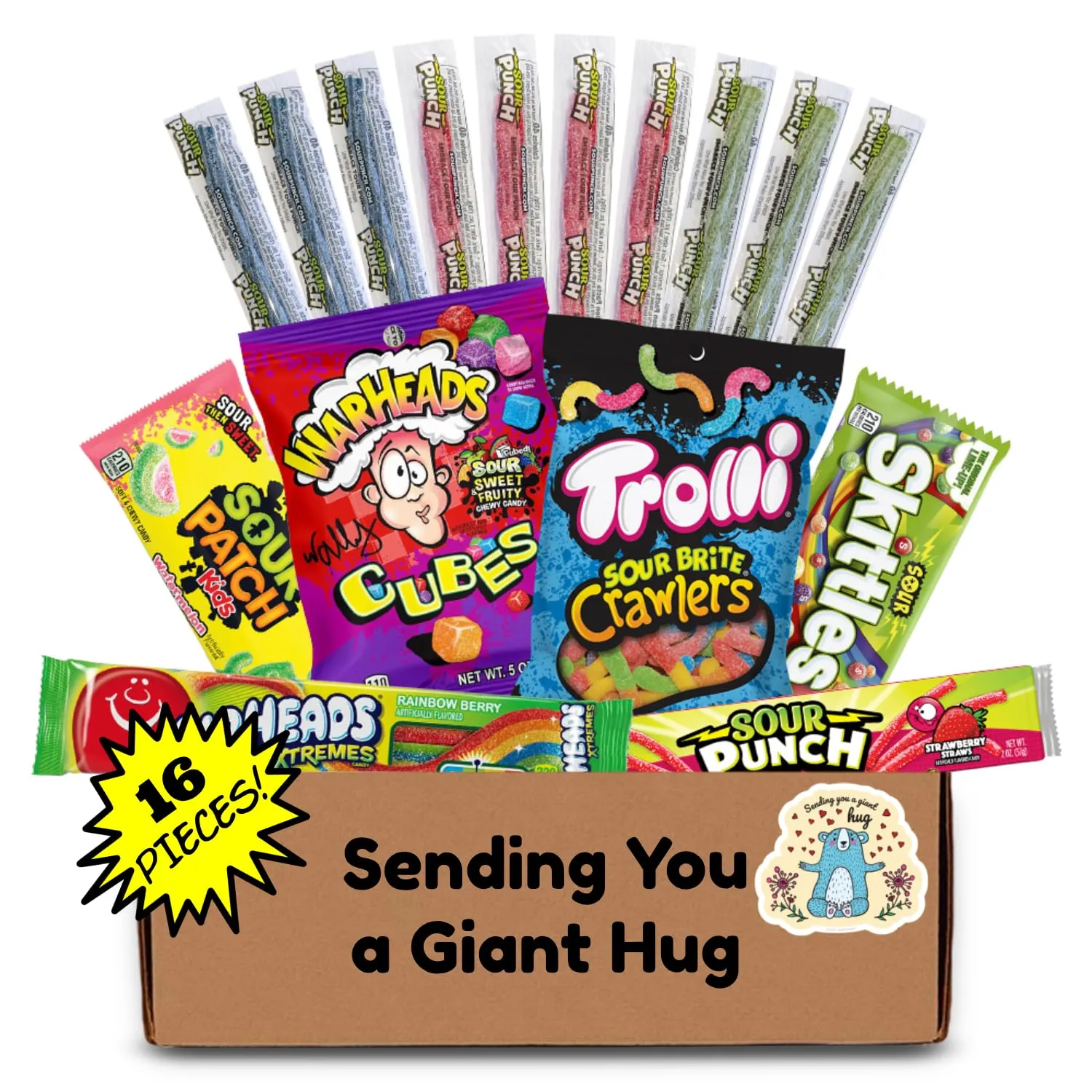 Hangry Kit Sending You a Giant Hug Sour Candy Kit - 16-Piece Variety Pack with all Your Favorite Sour Candy Classics in a 'Sending You a Giant Hug' Themed Gift Box.