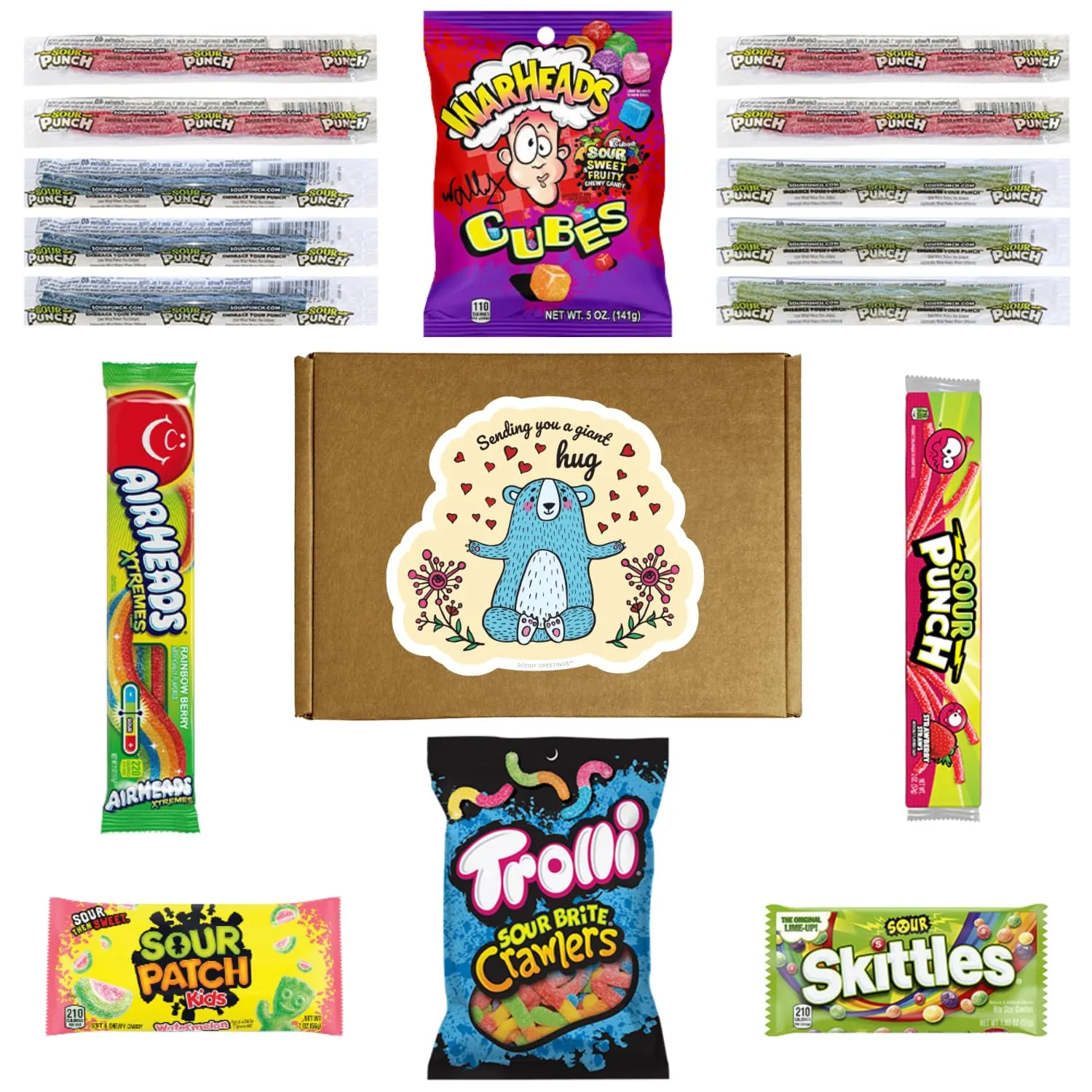 Hangry Kit Sending You a Giant Hug Sour Candy Kit - 16-Piece Variety Pack with all Your Favorite Sour Candy Classics in a 'Sending You a Giant Hug' Themed Gift Box.