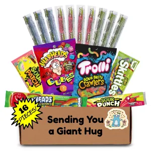 Hangry Kit Sending You a Giant Hug Sour Candy Kit - 16-Piece Variety Pack with all Your Favorite Sour Candy Classics in a 'Sending You a Giant Hug' Themed Gift Box.