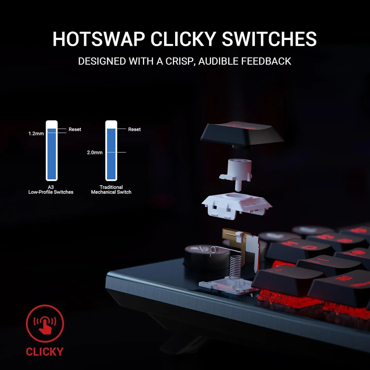 Hexgears Immersion A3 TKL Wireless Mechanical Gaming Keyboard, Bluetooth/2.4G/USB-C Hot-Swappable Low-Profile Keyboard with Clicky Switches, 16.8M RGB Backlit, Display Screen & 5800mAh Battery(Black)