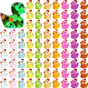 Hiboom 400 Pcs Christmas Mini Resin Ducks Bulk Luminous Tiny Ducks Glow in The Dark Ducky with Christmas Hat Miniature Toys Figures for Micro Landscape Home Dollhouse Xmas Birthday Ornaments