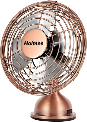 HOLMES 4" Mini Heritage Desk Fan, USB-Powered, Single Speed, 4 Blades, Adjustable 100° Head Tilt, Metal Construction, Ideal for Home, Dorm Rooms, Bedrooms, Office or Travel, Vintage Brushed Copper