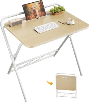 Huuger Folding Desk with 3-Level Adjustable Height and Tablet Slot, 24 Inch Foldable Computer Desk for Small Spaces, Space Saving, Writing Work Table for Home Office, Bedroom, Study, Oak