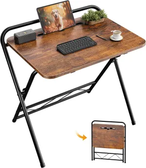 Huuger Folding Desk with 3-Level Adjustable Height and Tablet Slot, 24 Inch Foldable Computer Desk for Small Spaces, Space Saving, Writing Work Table for Home Office, Bedroom, Study, Rustic Brown