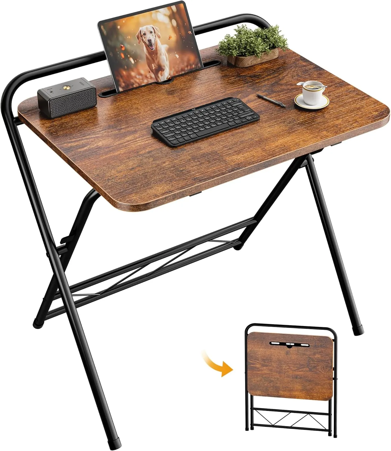 Huuger Folding Desk with 3-Level Adjustable Height and Tablet Slot, 24 Inch Foldable Computer Desk for Small Spaces, Space Saving, Writing Work Table for Home Office, Bedroom, Study, Rustic Brown