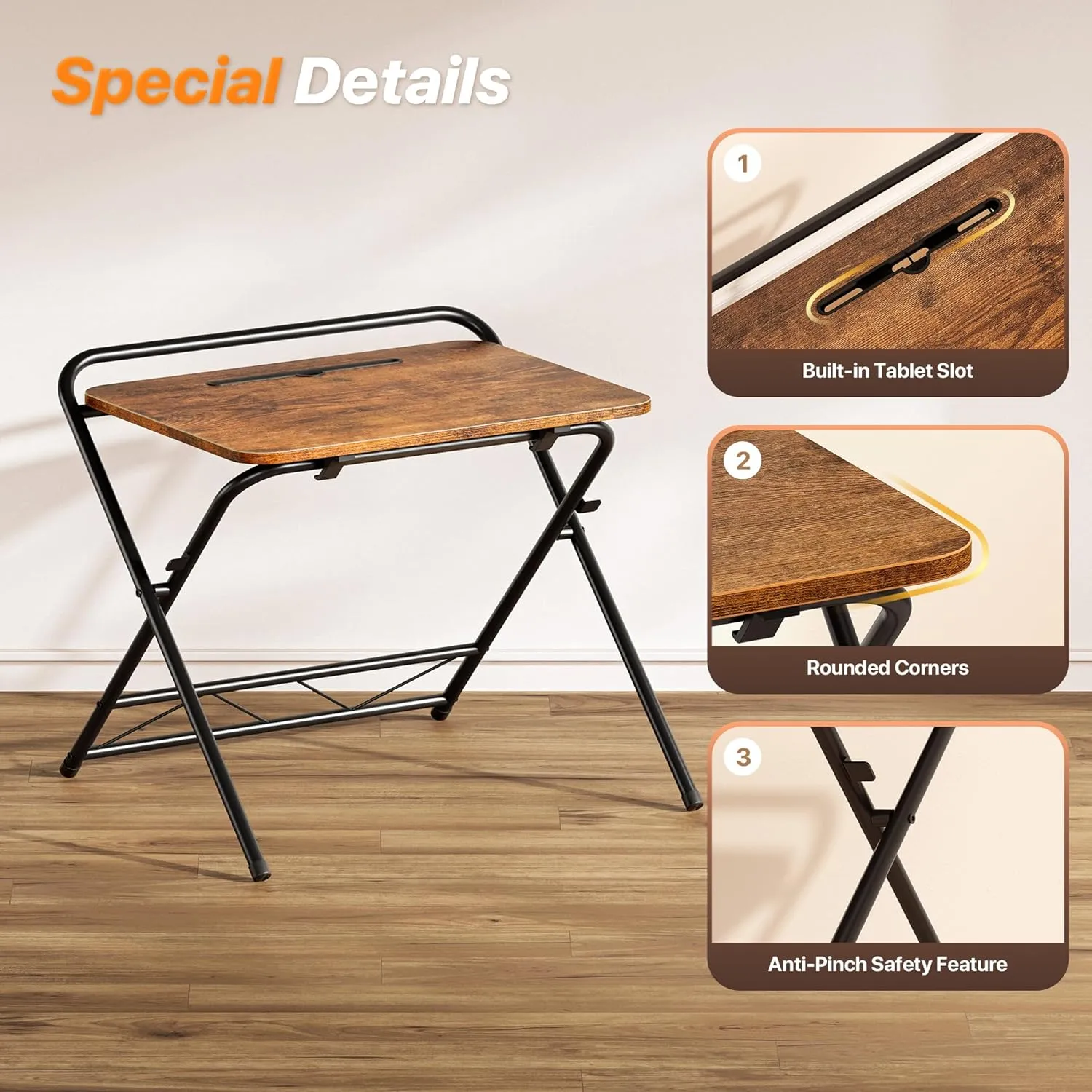 Huuger Folding Desk with 3-Level Adjustable Height and Tablet Slot, 24 Inch Foldable Computer Desk for Small Spaces, Space Saving, Writing Work Table for Home Office, Bedroom, Study, Rustic Brown