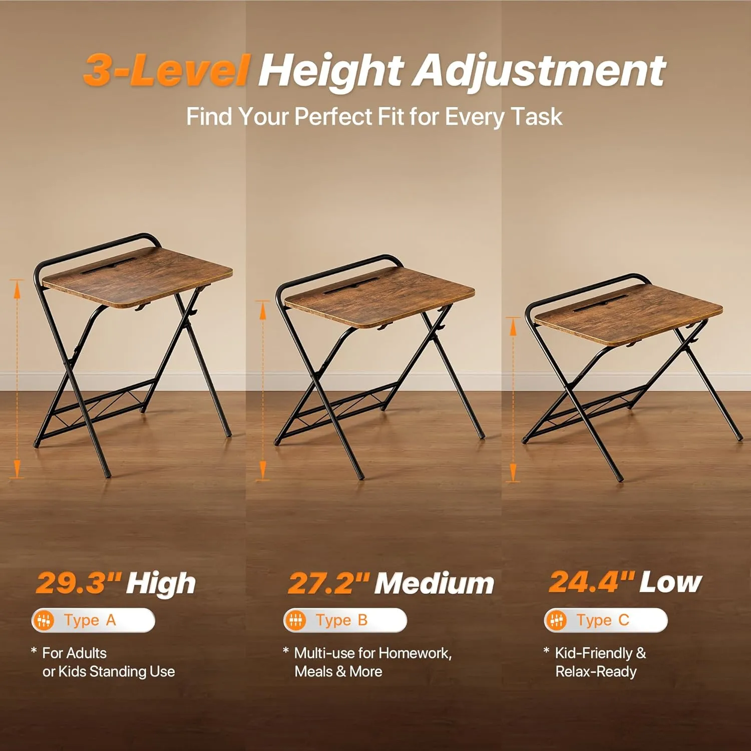Huuger Folding Desk with 3-Level Adjustable Height and Tablet Slot, 24 Inch Foldable Computer Desk for Small Spaces, Space Saving, Writing Work Table for Home Office, Bedroom, Study, Rustic Brown
