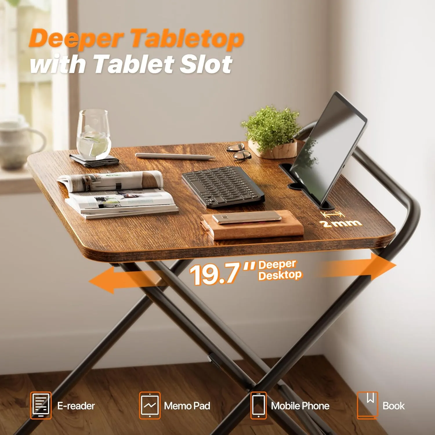 Huuger Folding Desk with 3-Level Adjustable Height and Tablet Slot, 24 Inch Foldable Computer Desk for Small Spaces, Space Saving, Writing Work Table for Home Office, Bedroom, Study, Rustic Brown