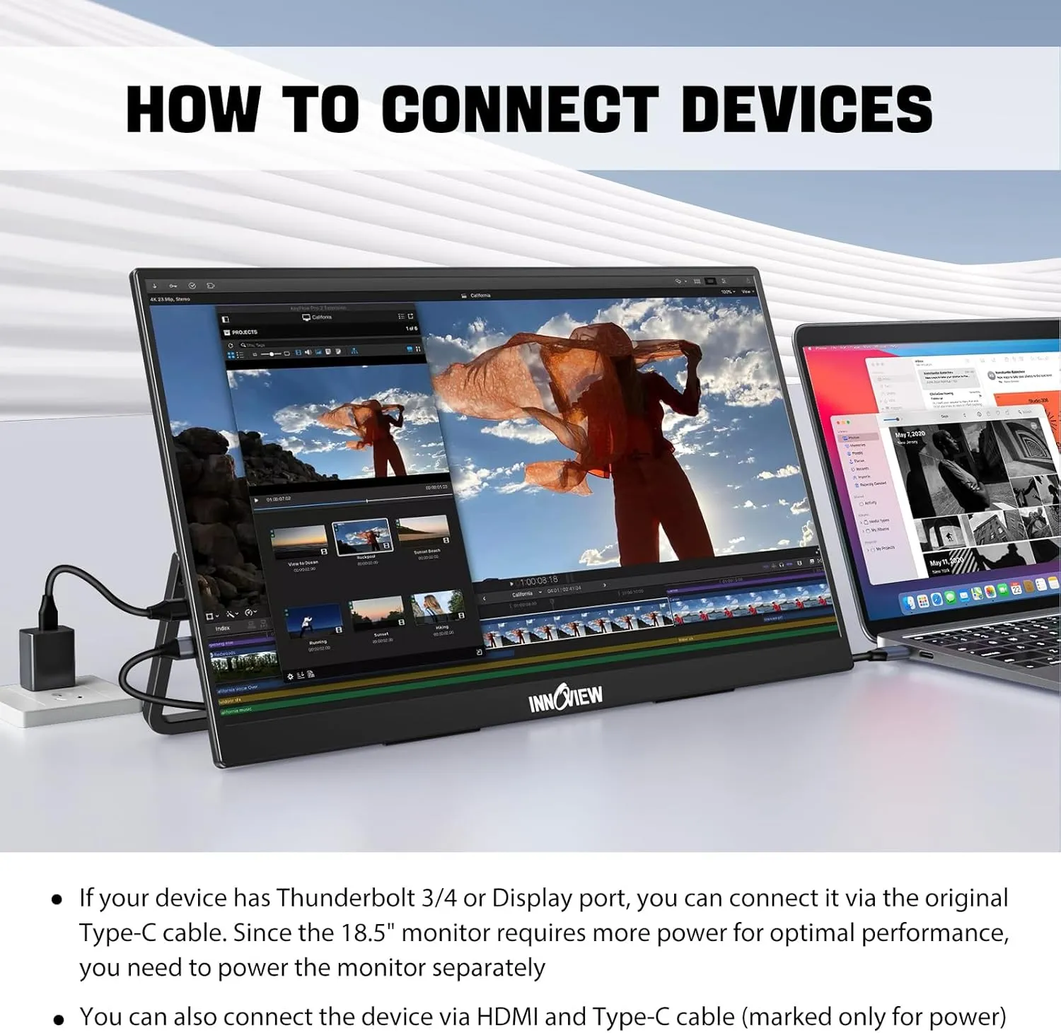 InnoView Portable Monitor 18.5 inch 100HZ 120% sRGB, 1080P FHD IPS Large Portable Monitor for Laptop USB C HDMI HDR Travel Monitor with Kickstand Mac PC Xbox PS4/5 Switch
