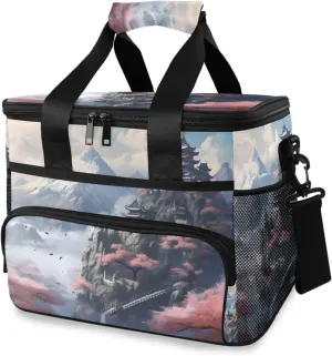 Insulated Cooler Bag 24 Cans Large Capacity Lunch Box-Chinese Landscape Print Leak Proof with Shoulder Strap for Camping Picnic