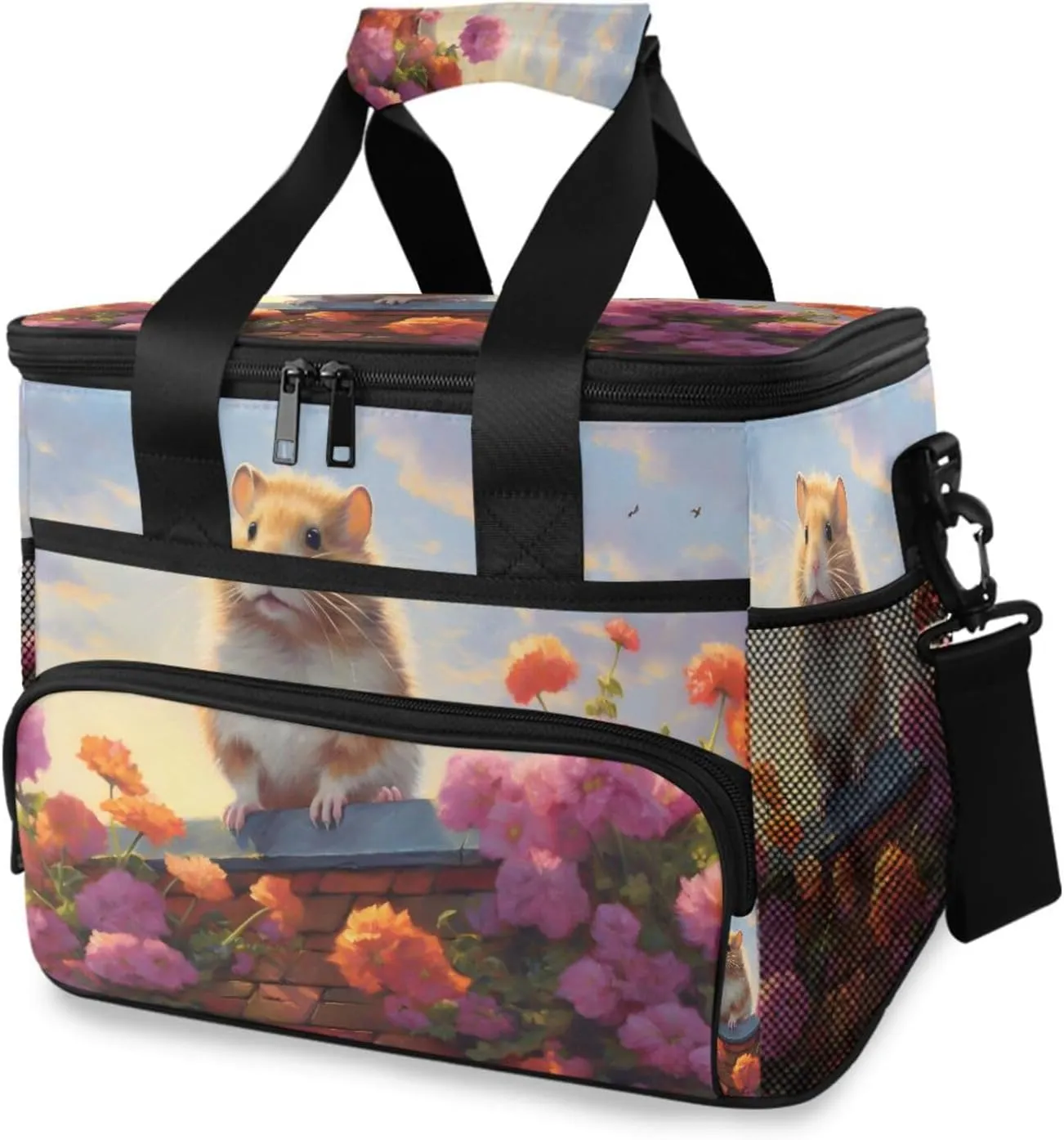 Insulated Cooler Bag 24 Cans Large Capacity Lunch Box-Hamster Roof Print Leak Proof with Shoulder Strap for Camping Picnic
