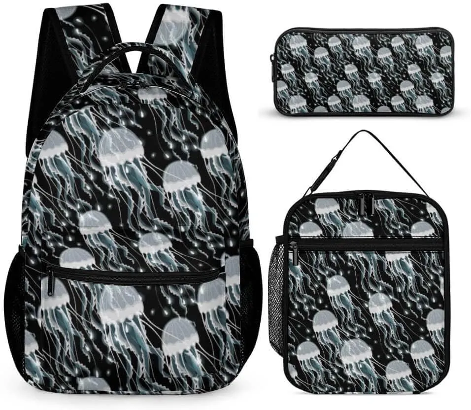 Jellyfish Backpack with Lunch Box & Pencil Case, 16 Inch Cute Jellyfishes Themed Bookbag, Adjustable Lightweight Large Capacity, Daily Casual Backpacks Set for Kids Girls Boys School