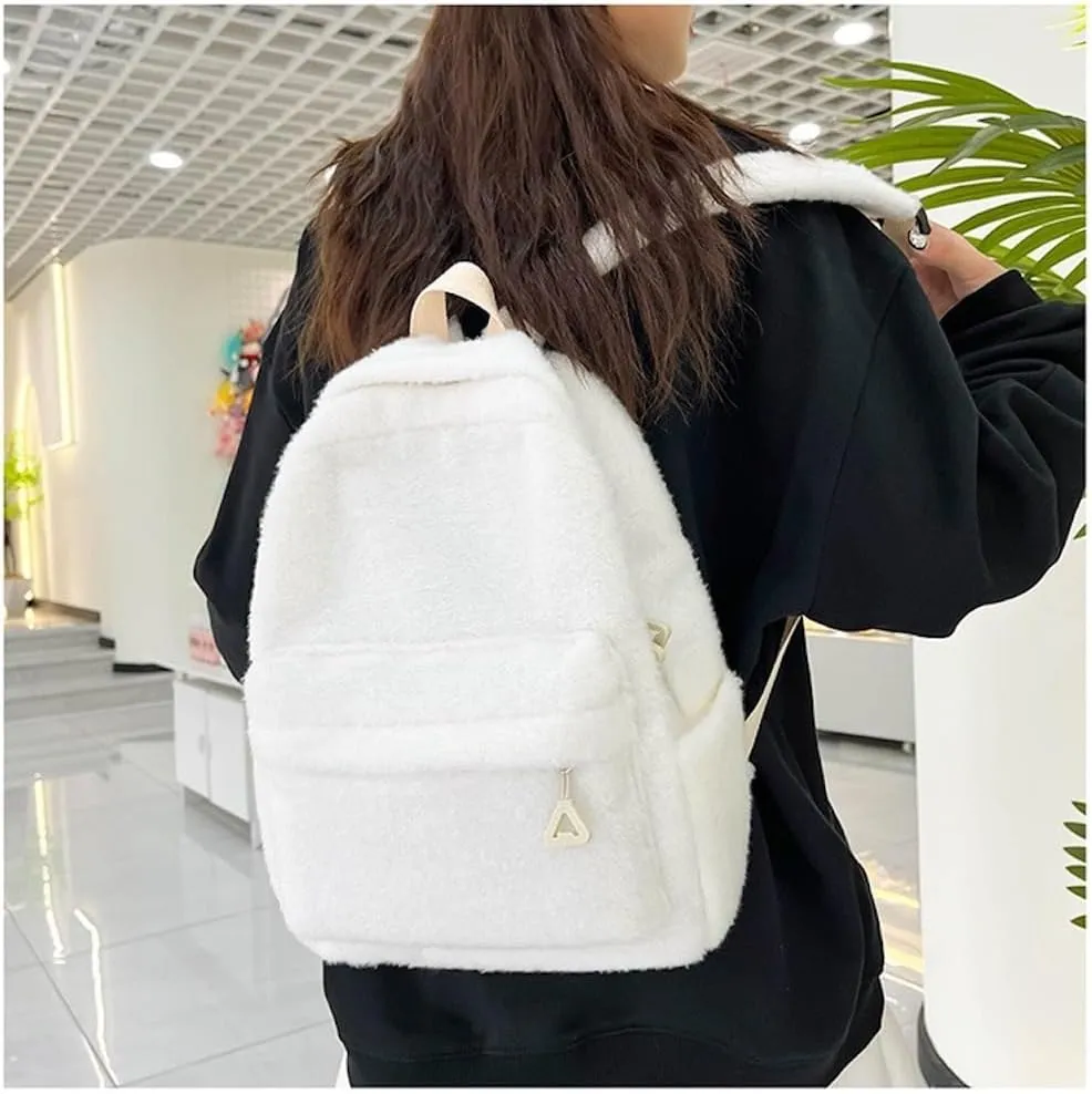 JHTPSLR Small Fuzzy Backpack Soft Plush Mini Backpack Mochila Pequea Cute Aesthetic Lightweight Casual Daypack (White)