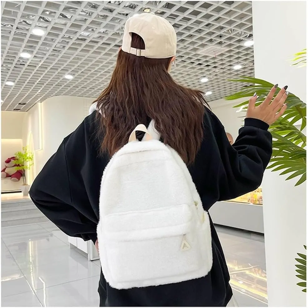 JHTPSLR Small Fuzzy Backpack Soft Plush Mini Backpack Mochila Pequea Cute Aesthetic Lightweight Casual Daypack (White)