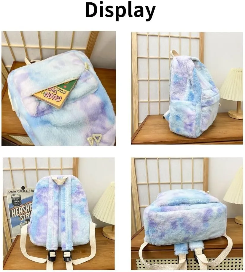 JHTPSLR Small Fuzzy Backpack Soft Plush Mini Backpack Mochila Pequea Cute Aesthetic Lightweight Casual Daypack (White)