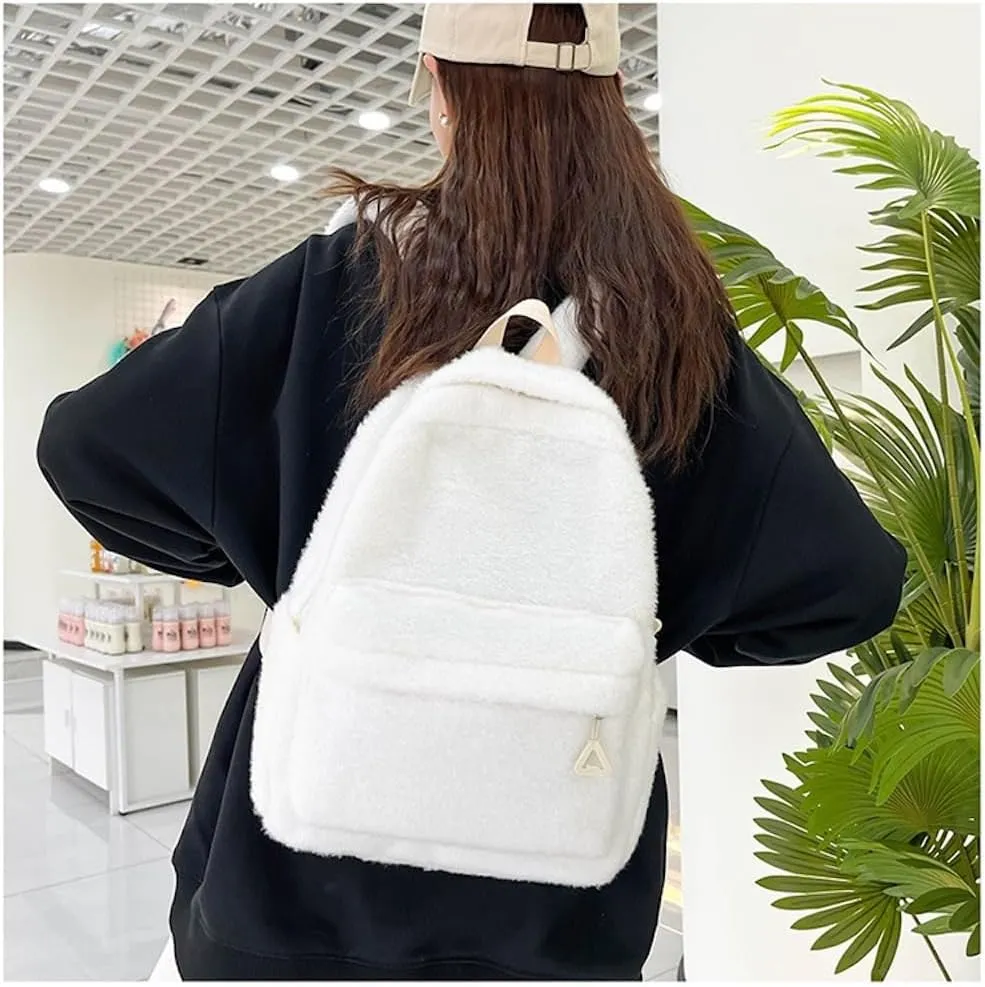 JHTPSLR Small Fuzzy Backpack Soft Plush Mini Backpack Mochila Pequea Cute Aesthetic Lightweight Casual Daypack (White)