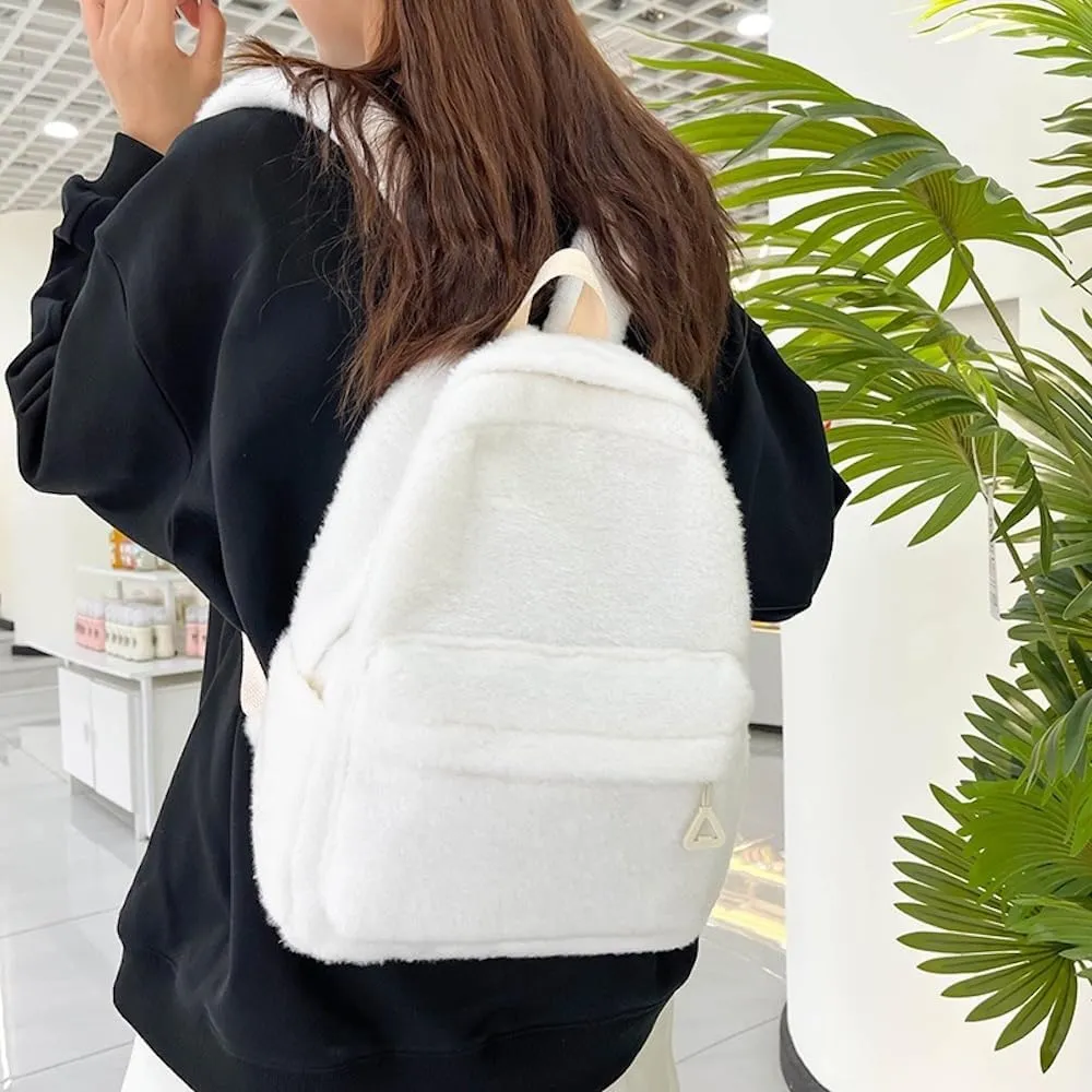 JHTPSLR Small Fuzzy Backpack Soft Plush Mini Backpack Mochila Pequea Cute Aesthetic Lightweight Casual Daypack (White)