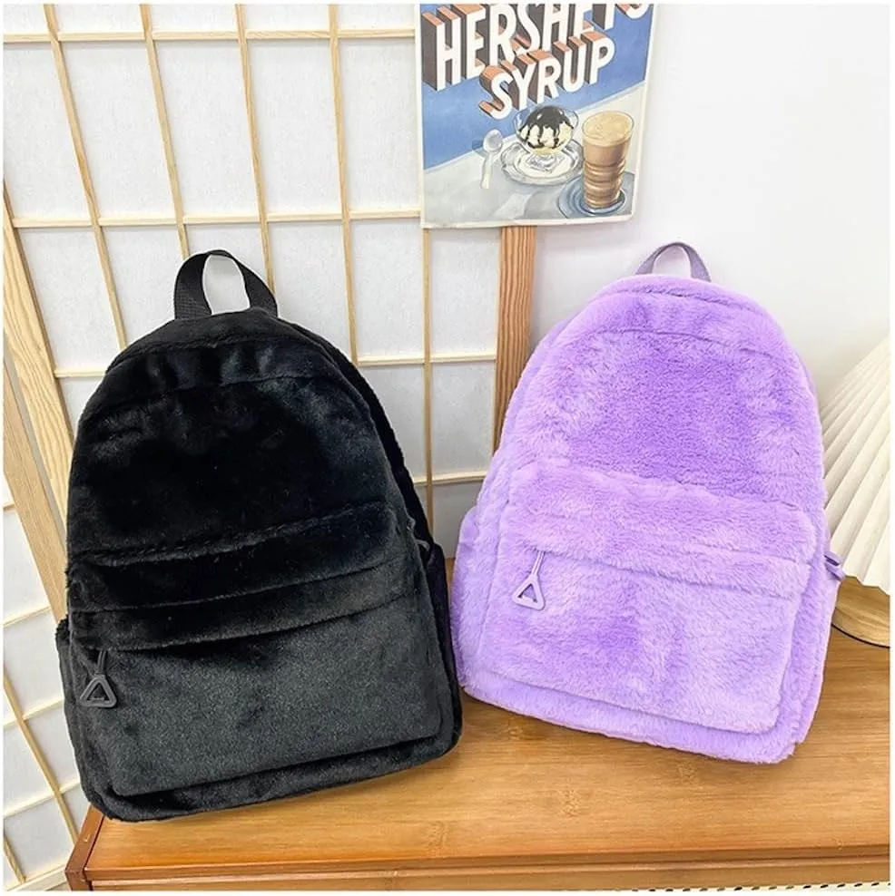 JHTPSLR Small Fuzzy Backpack Solid Furry Backpack Soft Plush Mini Backpack Mochila Pequeña Cute Aesthetic Lightweight Casual Daypack (Black)
