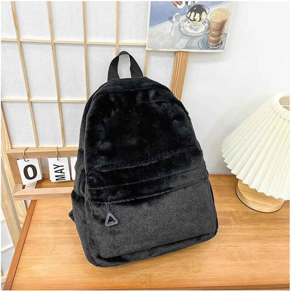 JHTPSLR Small Fuzzy Backpack Solid Furry Backpack Soft Plush Mini Backpack Mochila Pequeña Cute Aesthetic Lightweight Casual Daypack (Black)