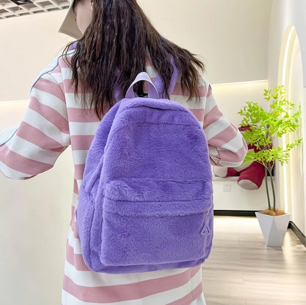 JHTPSLR Small Fuzzy Backpack Solid Furry Backpack Soft Plush Mini Backpack Mochila Pequeña Cute Aesthetic Lightweight Casual Daypack (Magic Purple)