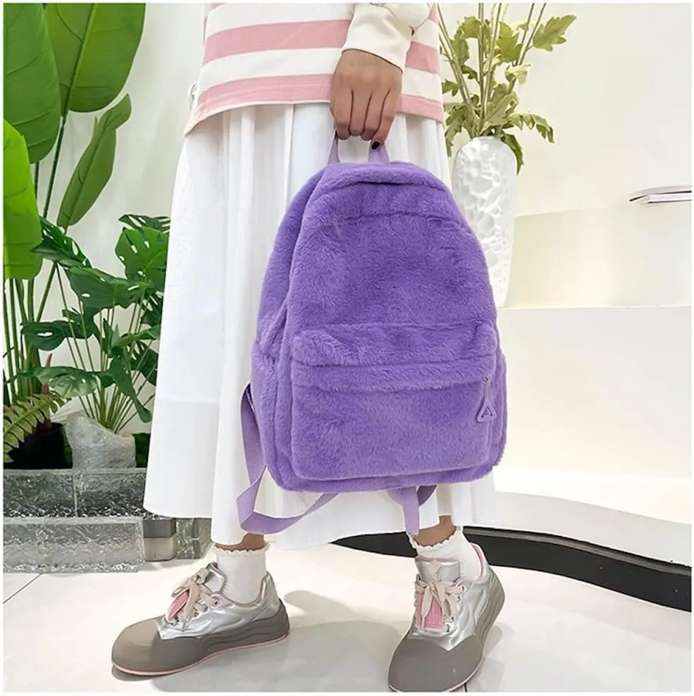 JHTPSLR Small Fuzzy Backpack Solid Furry Backpack Soft Plush Mini Backpack Mochila Pequeña Cute Aesthetic Lightweight Casual Daypack (Magic Purple)