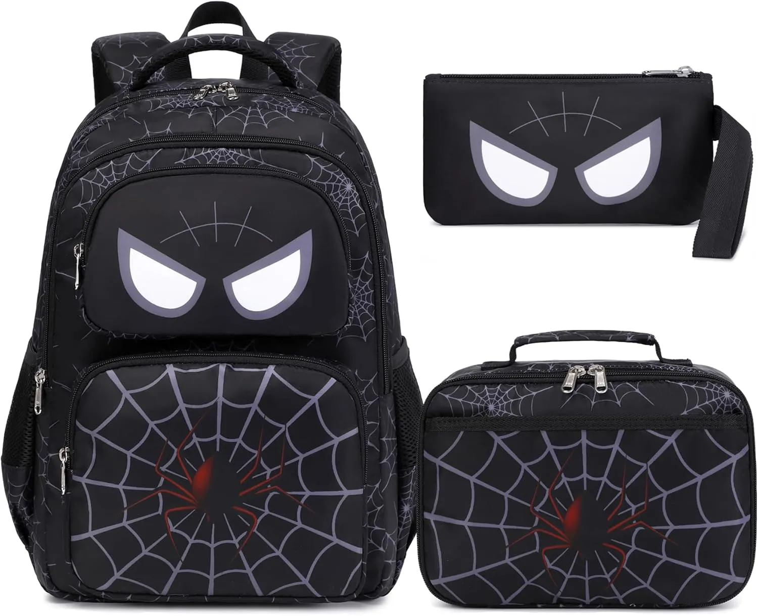 JIANYA Kids Backpack for School Boys, Spider School Bag for Elementary Kids Children 3pcs Boys Backpack with Lunch Box & Pencil Case, Black