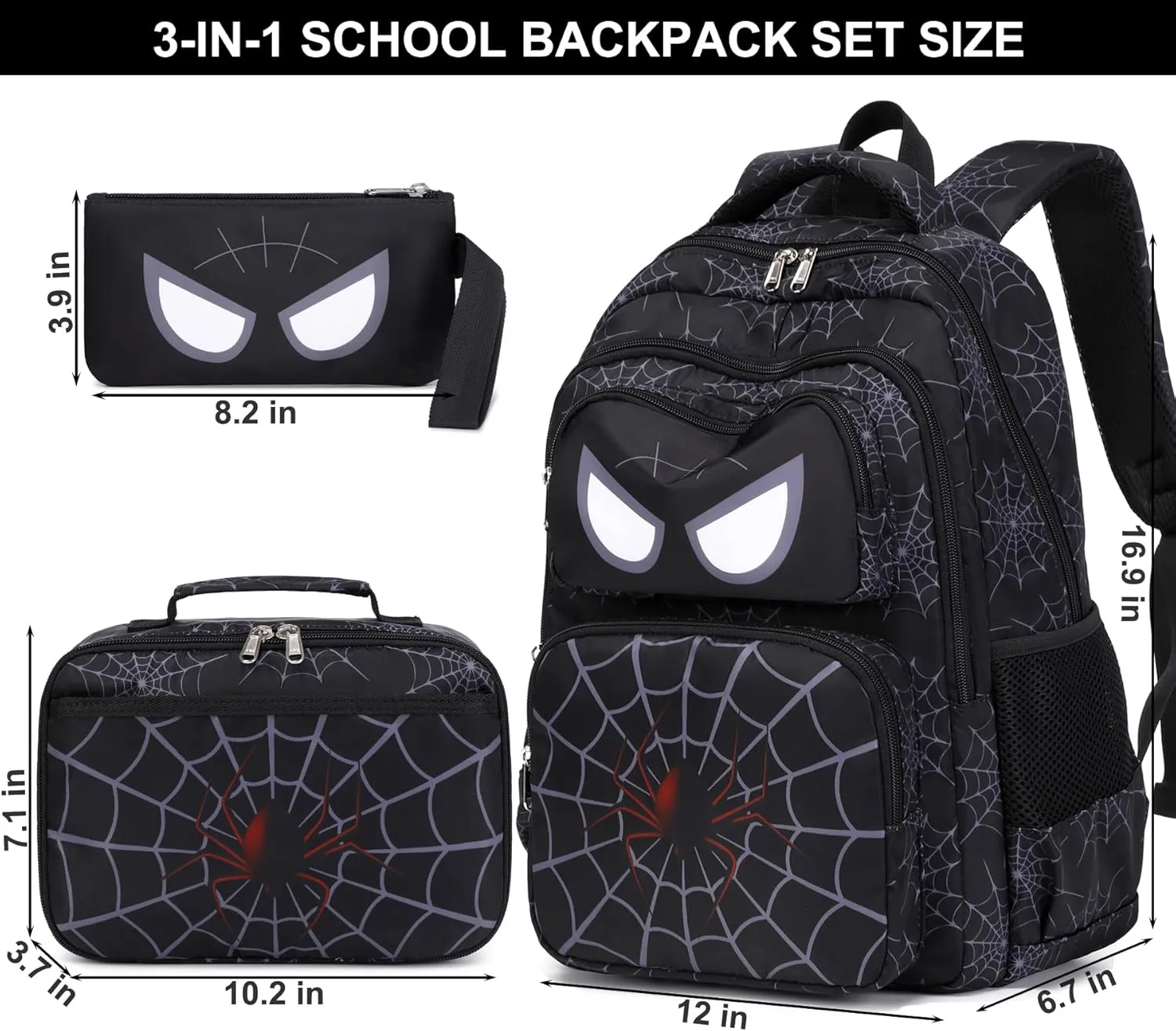 JIANYA Kids Backpack for School Boys, Spider School Bag for Elementary Kids Children 3pcs Boys Backpack with Lunch Box & Pencil Case, Black