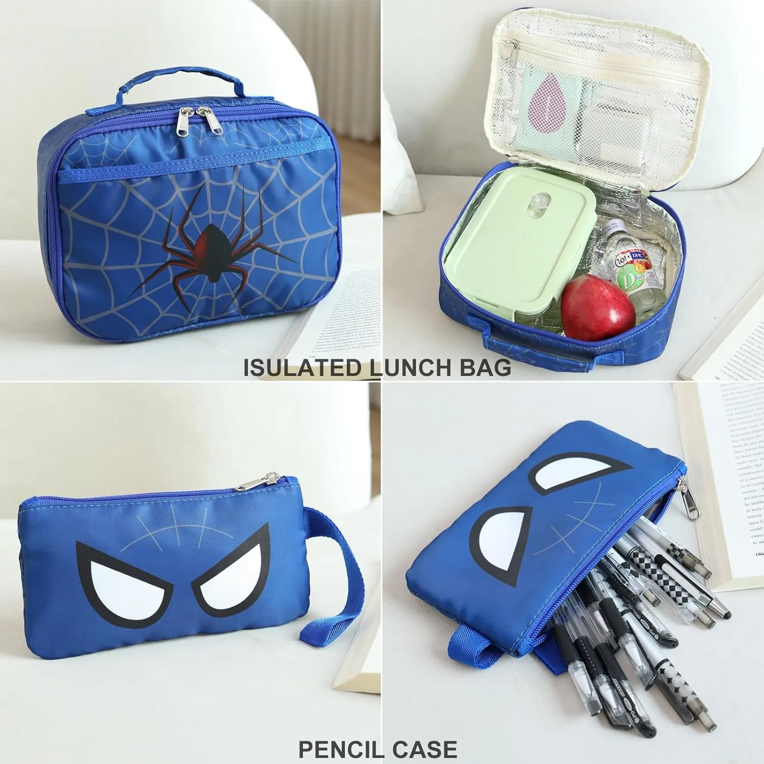 JIANYA Kids Backpack for School Boys, Spider School Bag for Elementary Kids Children 3pcs Boys Backpack with Lunch Box & Pencil Case, Black