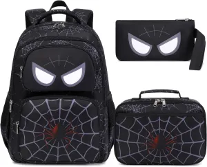 JIANYA Kids Backpack for School Boys, Spider School Bag for Elementary Kids Children 3pcs Boys Backpack with Lunch Box & Pencil Case, Black
