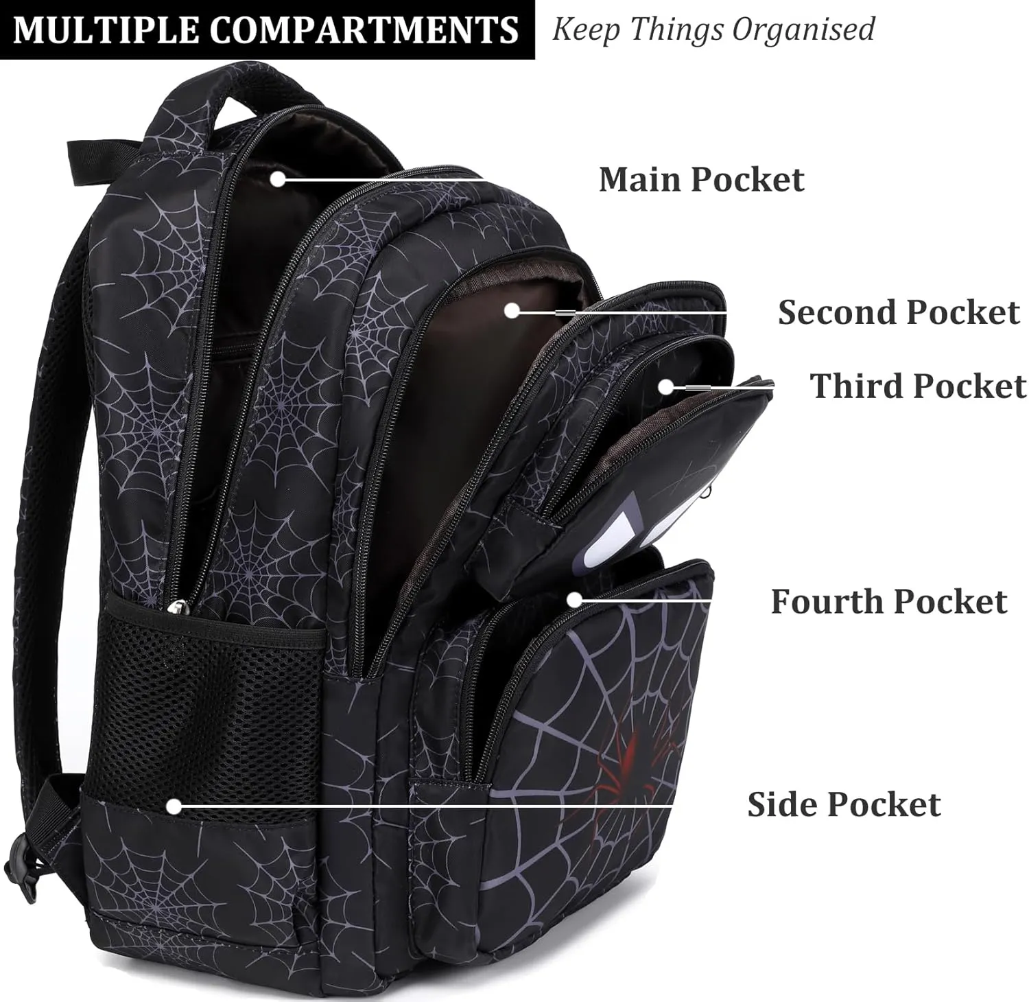 JIANYA Kids Backpack for School Boys, Spider School Bag for Elementary Kids Children 3pcs Boys Backpack with Lunch Box & Pencil Case, Black