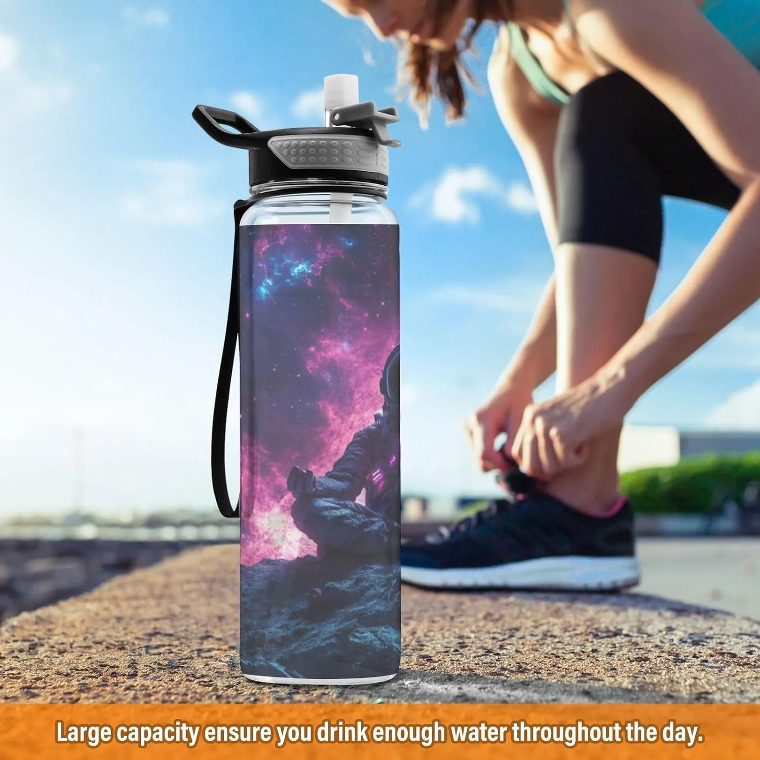 Joisal Astronaut Meditating Space 32 Oz Water Bottle Lid with Straw BPA-Free Slim Water Bottles for Outdoor Sports